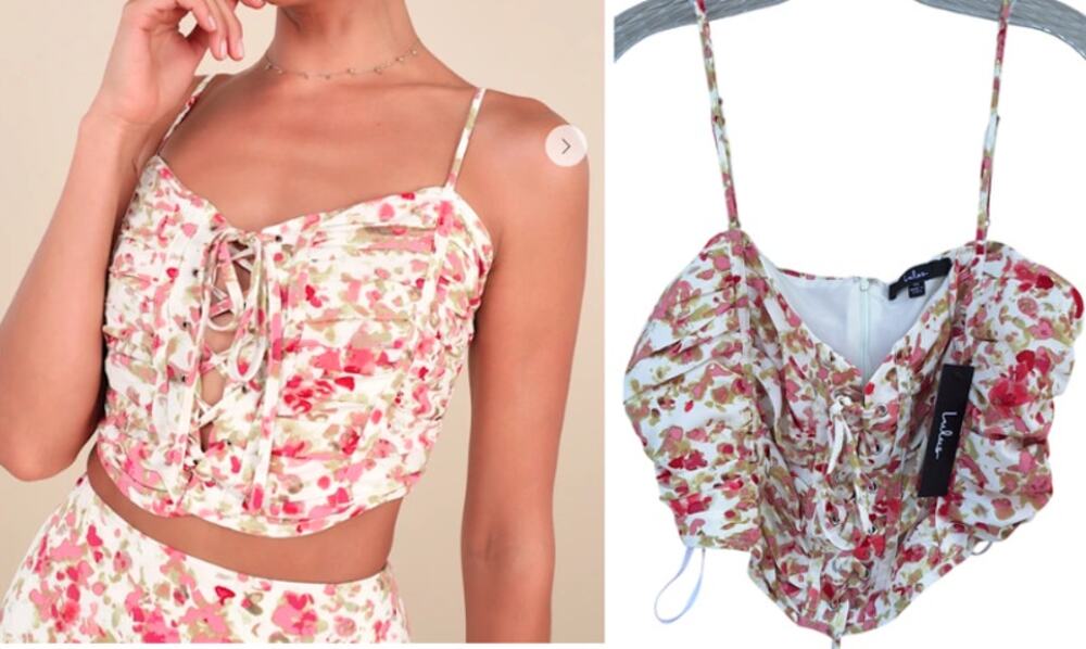 Lulus Lace up Cami soft corset Floral Tank Top Creme Pink Pleated Coquette XL